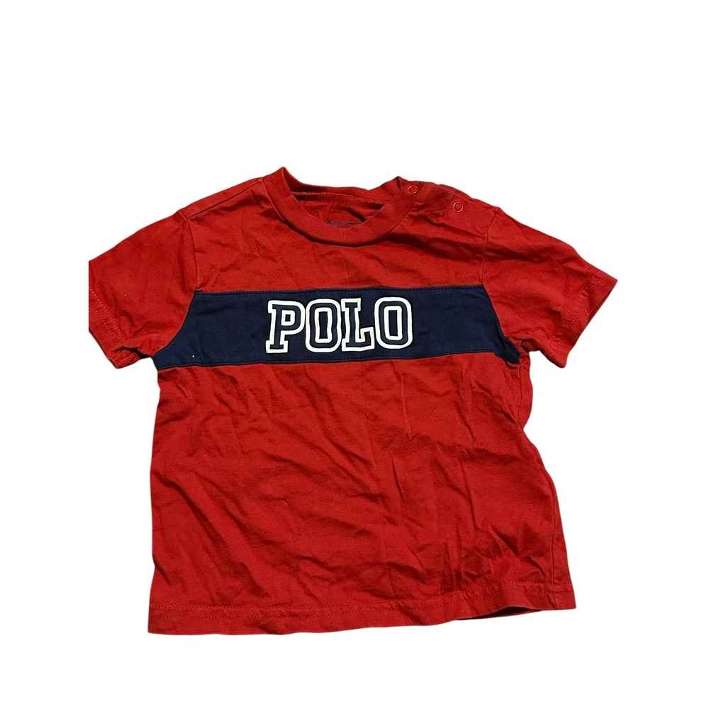 Ralph Lauren Baby Boys Red Polo Logo Stripe T-Shirt 12M Snap Shoulder